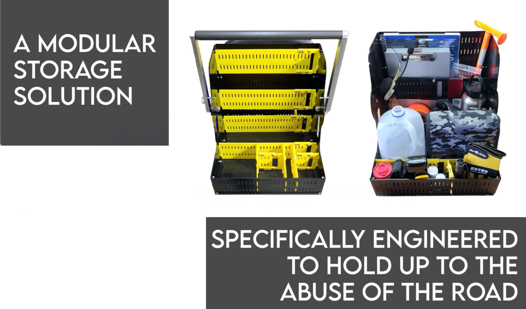 Images of Trucker Tote, one filled and the other empty. The text reads: A modular storage solution specifically engineered to hold up to the abuse of the road.