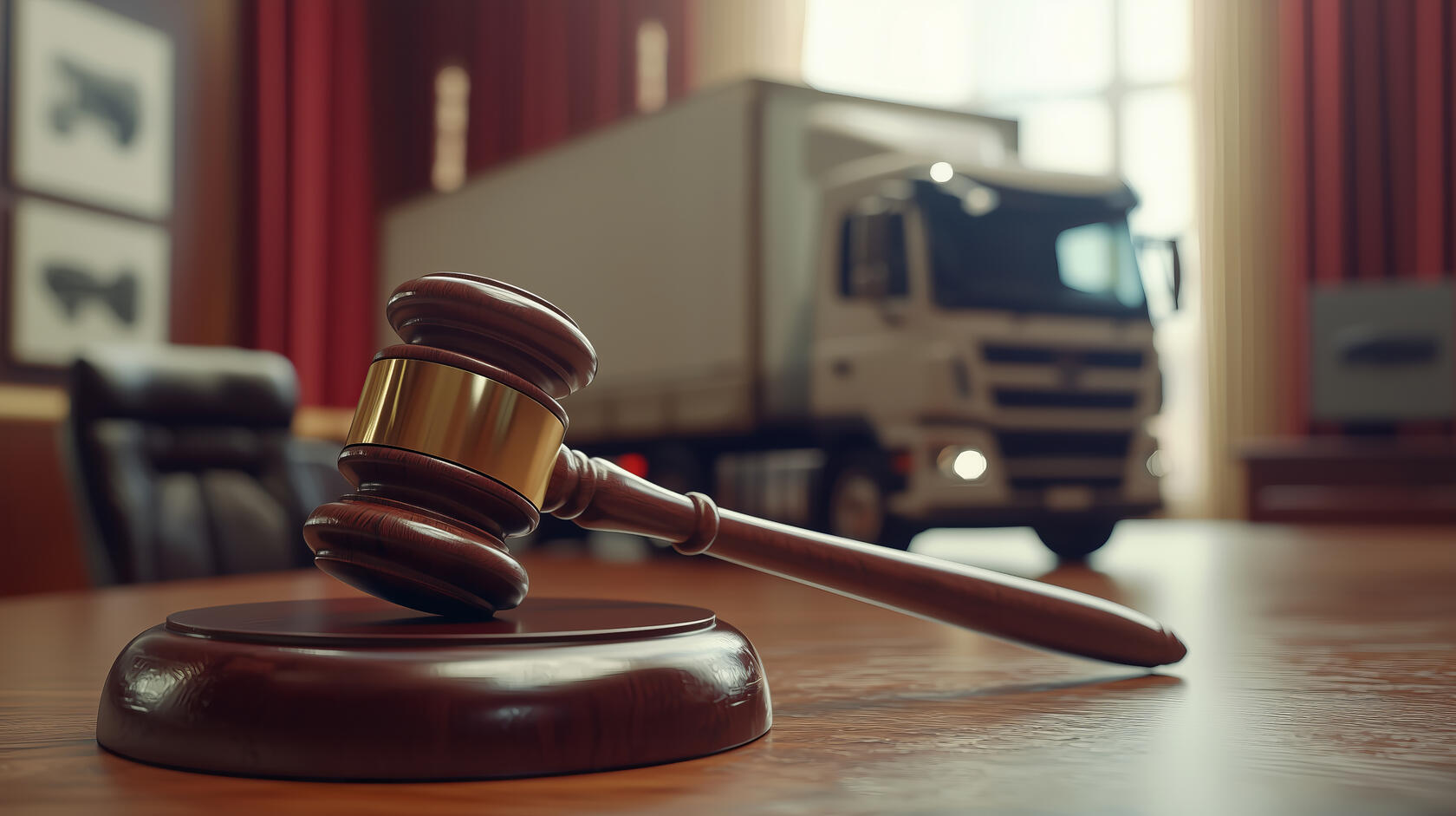 Image of a gavel on a desk in a judge's chamber. In the background is a big rig truck.