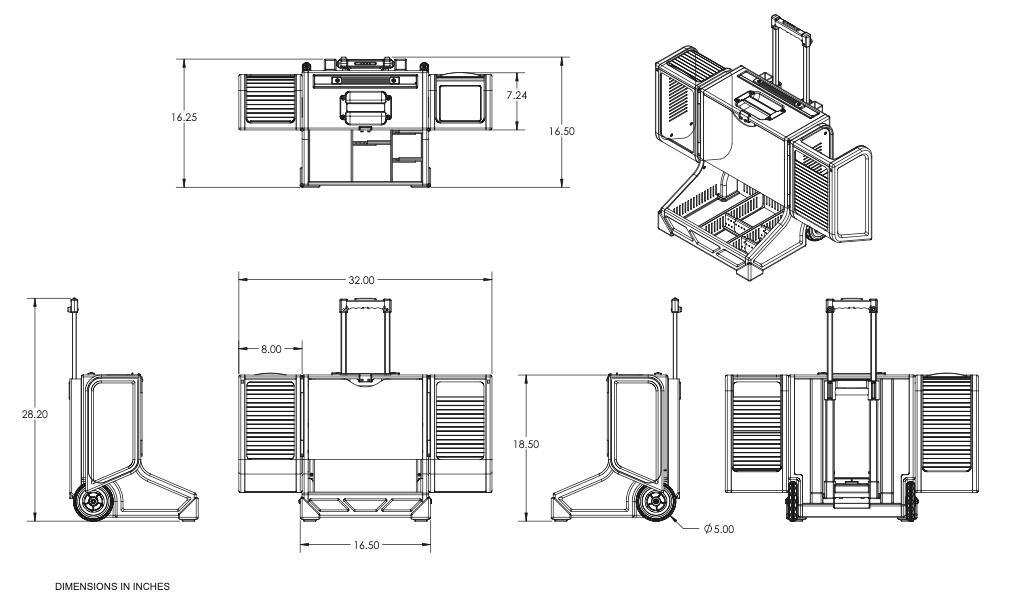 Trucker Tote schematics Open dimensions schematic of Trucker Tote, a wheeled device that somewhat resembles carry-on luggage. There are six diagrams. Width (open): 32" / **Width (closed):** 16" / Depth: 16.50" / Height: 18.5" / Height (handle extended): 28.30"